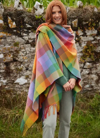 Multicolored Rayon Checkered Fringed Travel Wrap in Sunshine Melange 